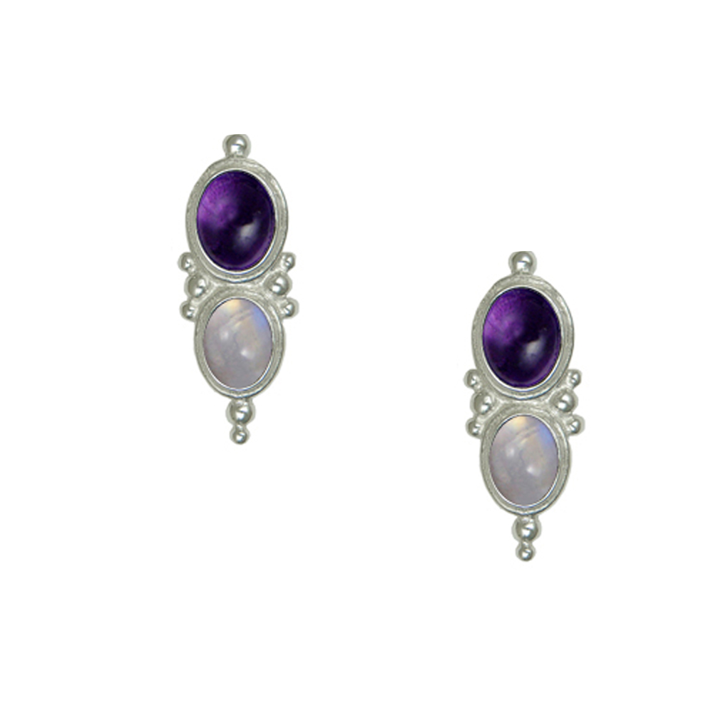 Sterling Silver Drop Dangle Earrings With Amethyst And Rainbow Moonstone